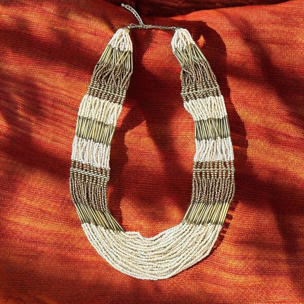 Multi-Strand Layering Seed Bead Statement Necklace Cream Gold Tone